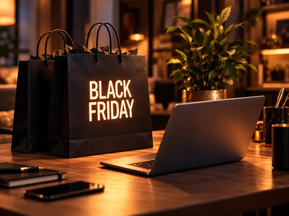 Black Friday shopping bags next to a laptop