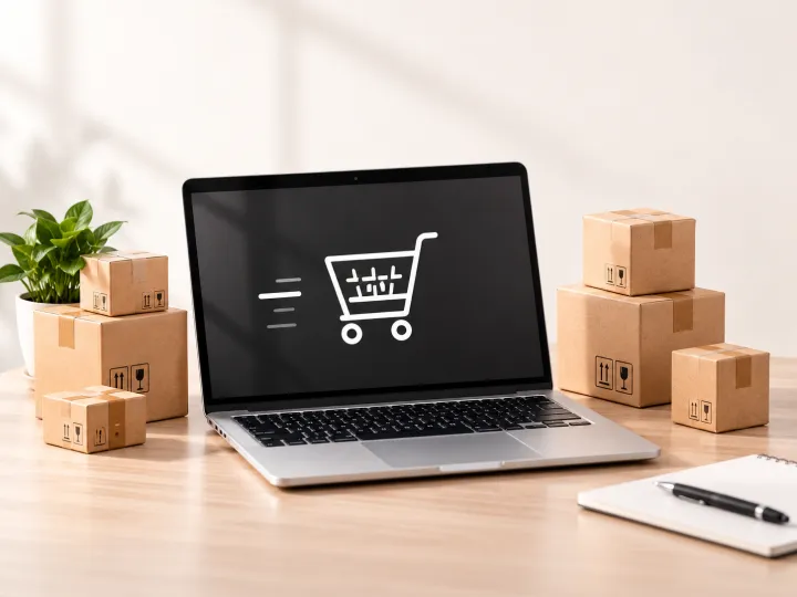 Laptop with a shopping cart on screen next to parcel boxes