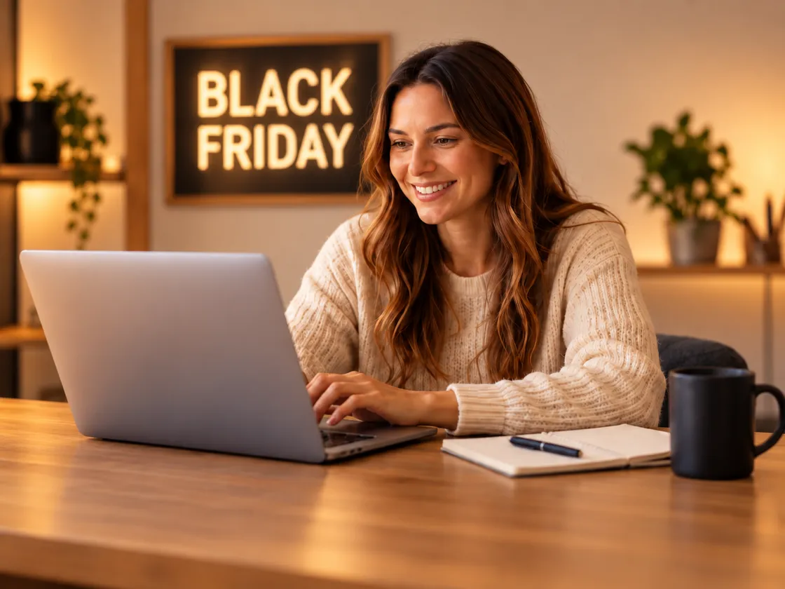 Store owner smiling at her laptop while reviewing Black Friday sales