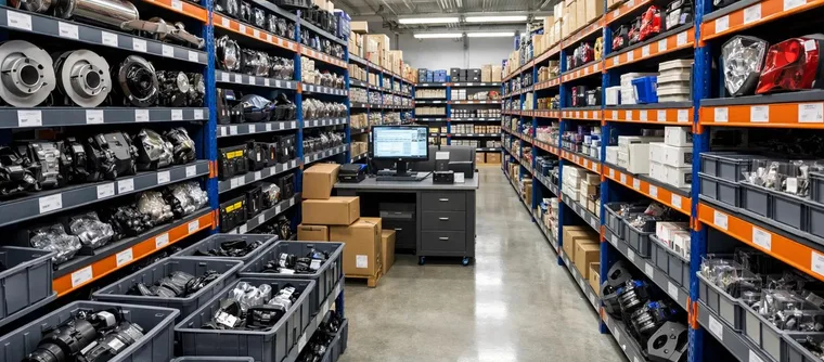 Aisle of a car parts warehouse stocked with brake discs and components — marketplace Performance Max case study