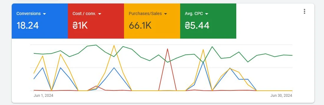 Google Ads panel for June 2024 showing 18.24 conversions, ₴1K cost per conversion, ₴66.1K in sales and ₴5.44 average CPC