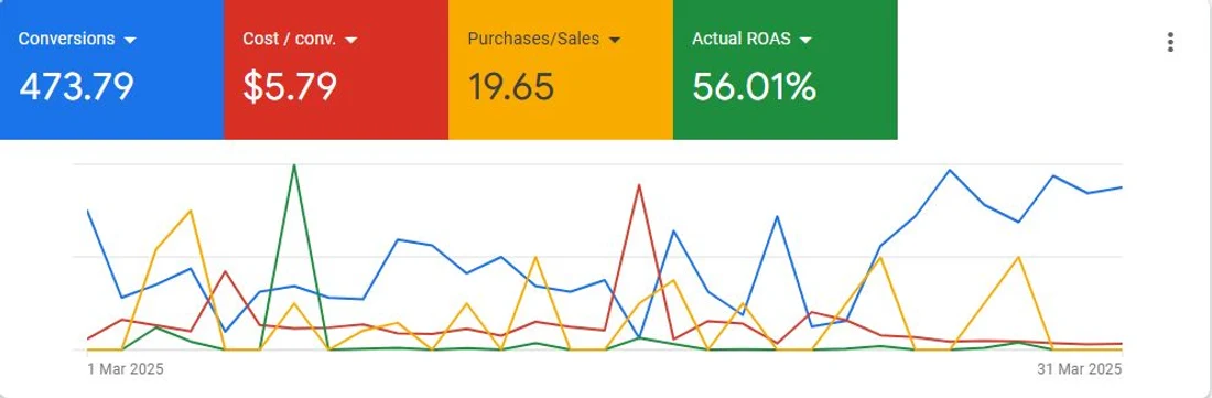 Google Ads panel for March 2025 showing 473.79 conversions, $5.79 cost per conversion, 19.65 sales and 56.01% ROAS