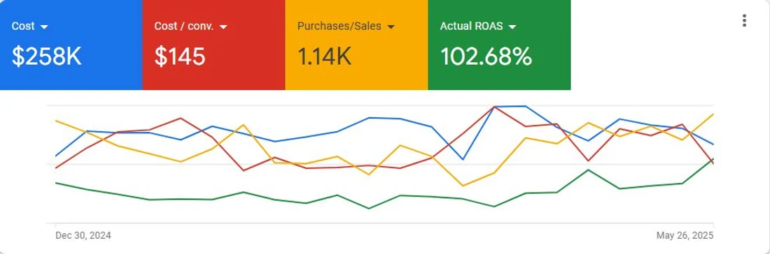 Google Ads panel for January to May 2025 showing $258K cost, $145 cost per conversion, 1.14K purchases and 102.68% ROAS