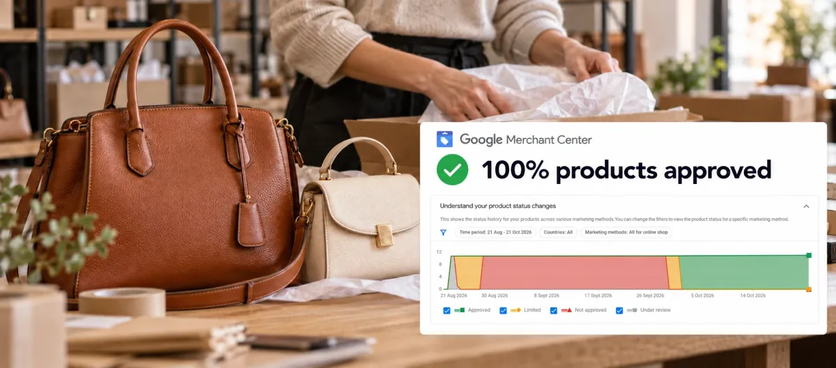 Merchant Center — 100% of products approved, product status chart from the handbag store account