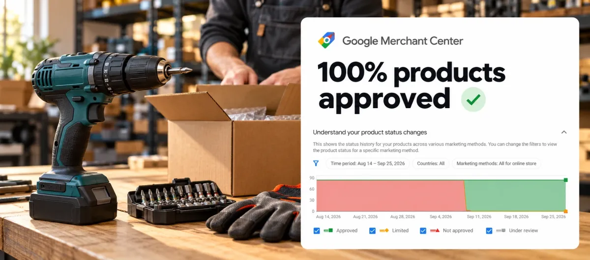 Merchant Center — 100% of products approved, product status chart from the power tools store account