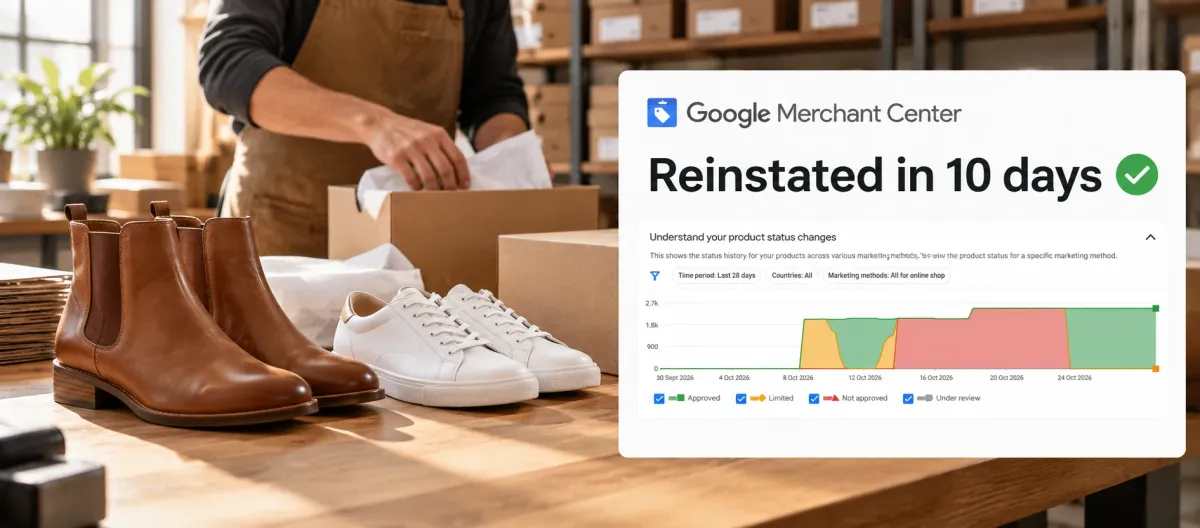 Merchant Center reinstated in 10 days — product status chart from the shoe store account