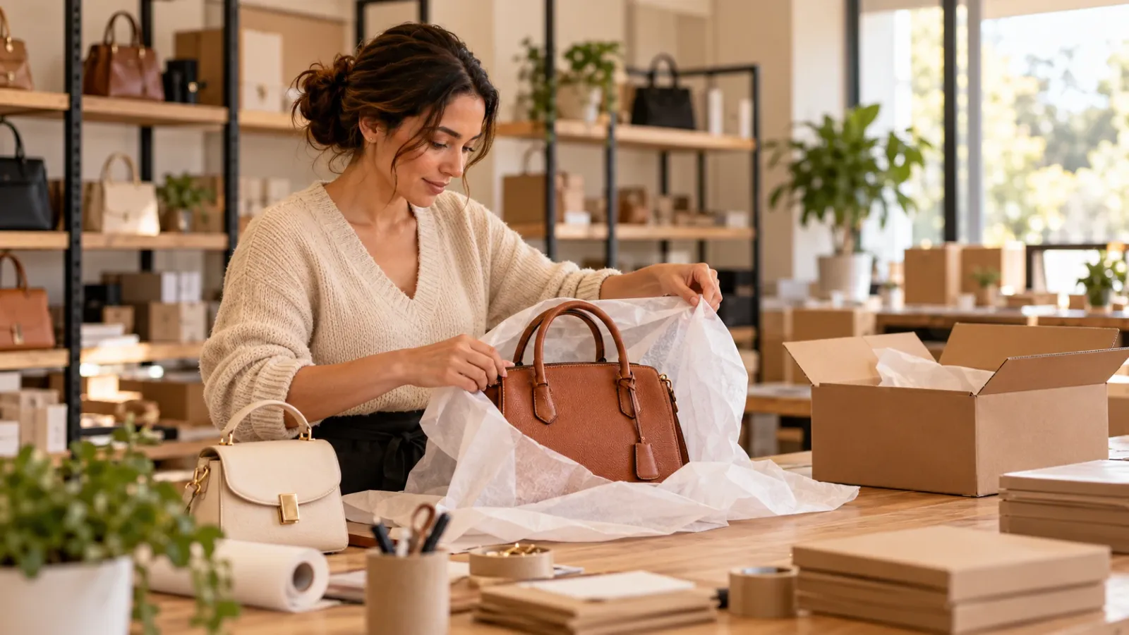 Handbag store owner wrapping a leather handbag in tissue paper before shipping