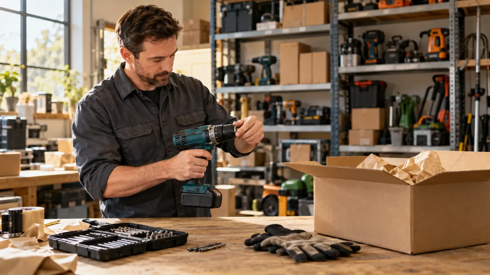 Store owner checking a cordless drill before packing an order