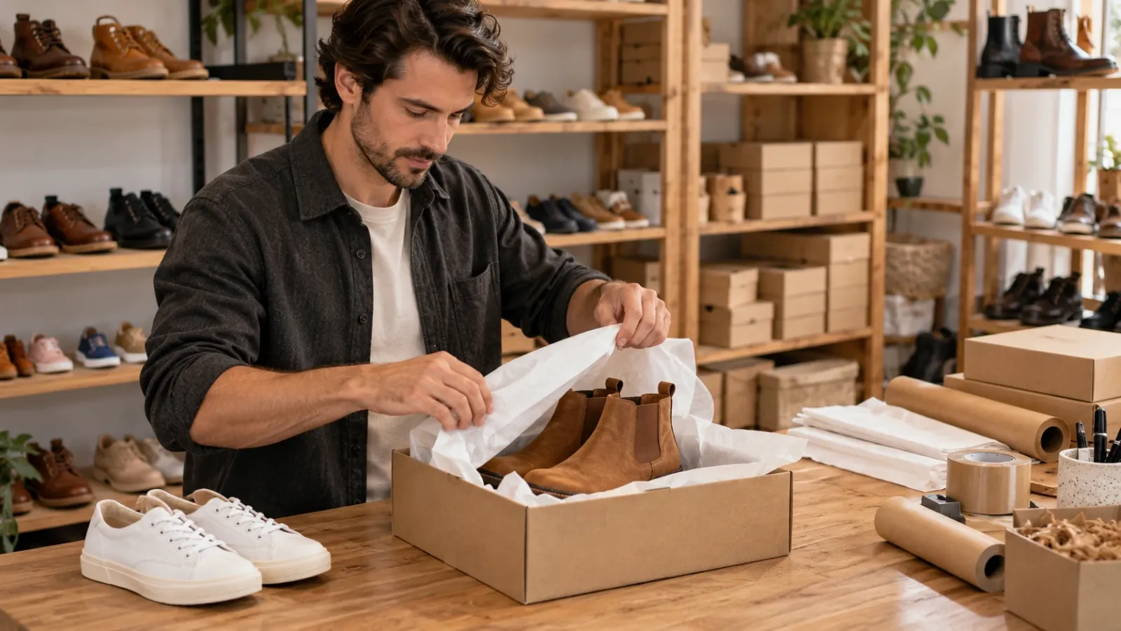 Shoe store owner packing a pair of suede boots into a shipping box