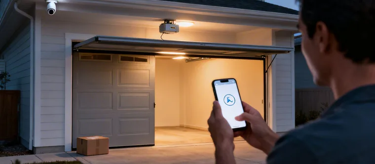 Smart garage door opened from a phone app at dusk — smart home Google Ads efficiency case study