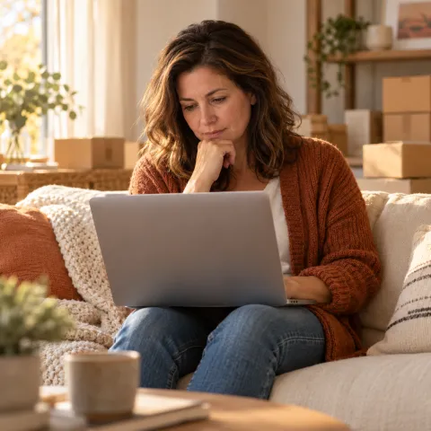 Online store owner thinking about her account while looking at a laptop