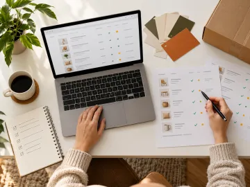 Ecommerce catalog and policy details being reviewed at a desk