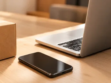 Shipping parcel, smartphone and laptop on a desk