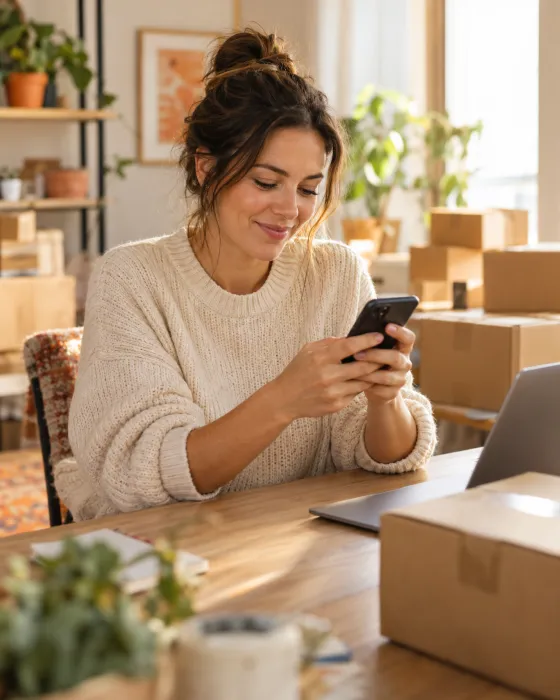 Online store owner checking her phone at a desk with shipping boxes