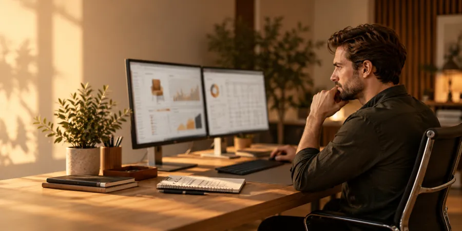 Marketing specialist analysing store and product data on two monitors