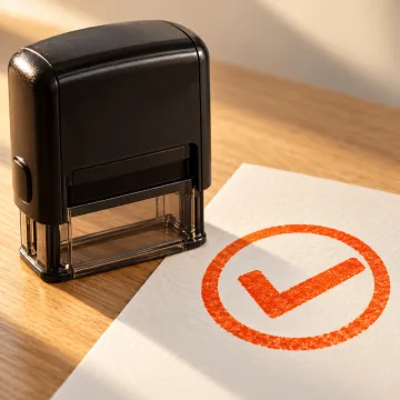 Approval stamp next to a check mark on paper