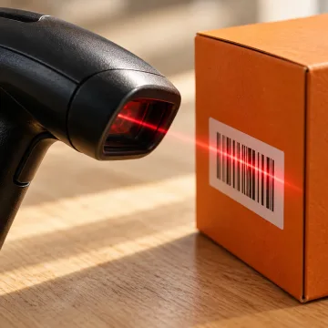 Barcode scanner reading a product label on a parcel