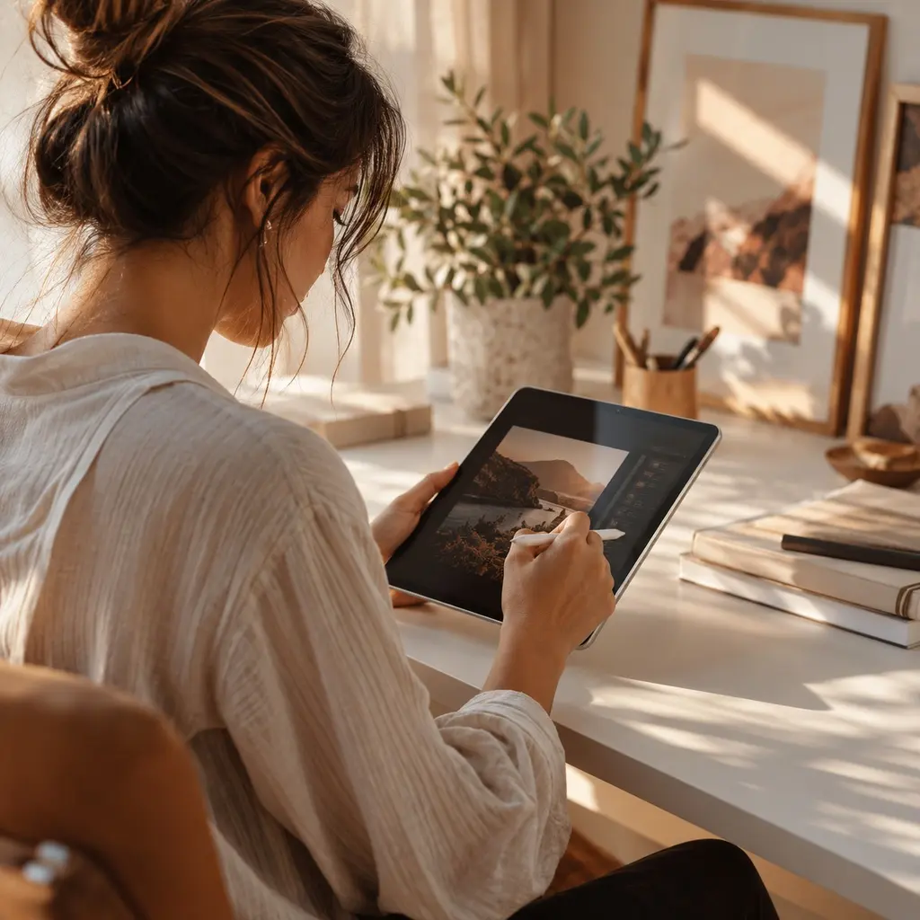 Person editing a photo on a tablet with a stylus