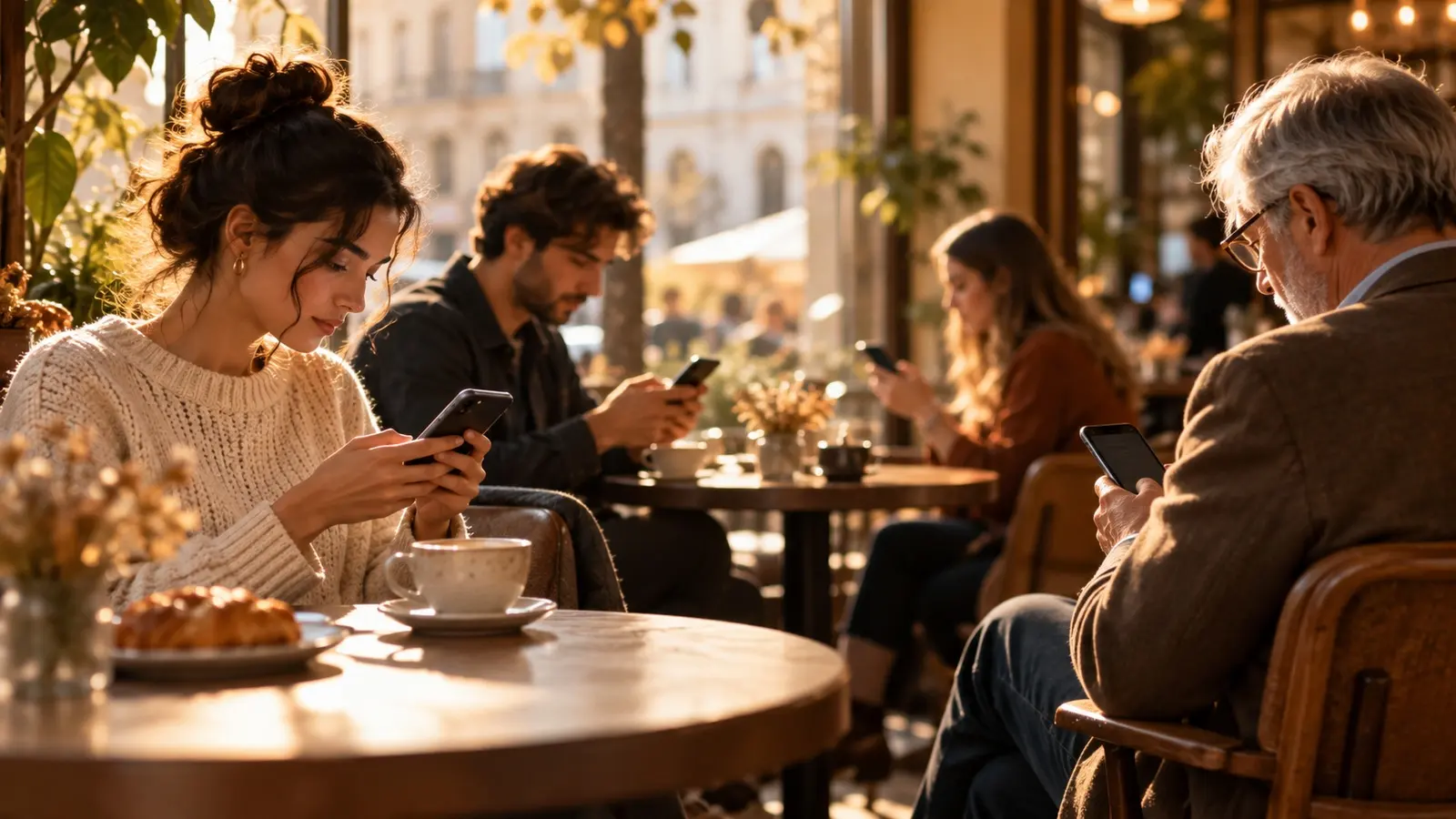 People of different ages using apps on their phones in a cafe