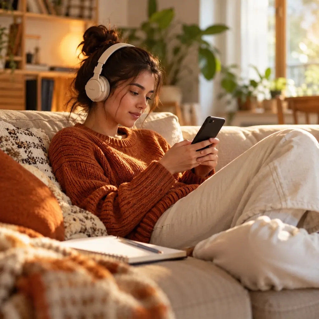 Student learning on a phone with headphones