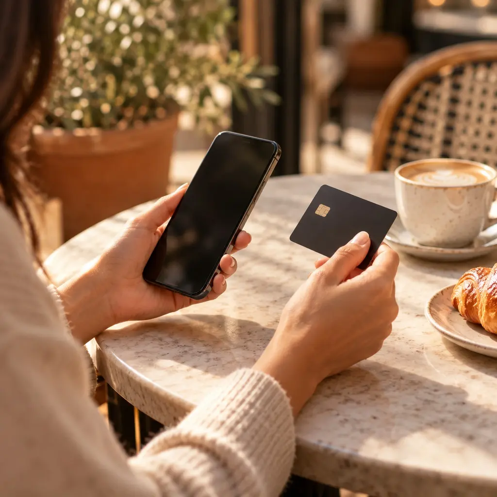Hands holding a smartphone and a bank card
