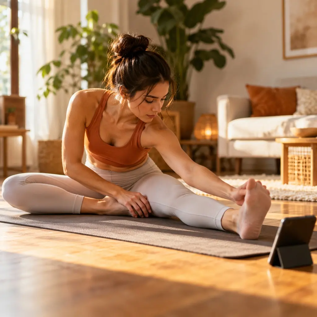 Woman stretching at home with a fitness app on her phone