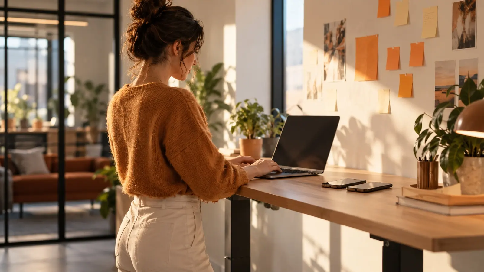 Growth marketer at a standing desk with a laptop and two test phones
