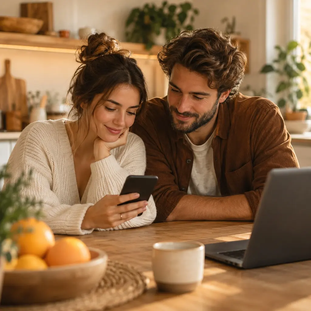 Couple reviewing a loan app on a phone at home