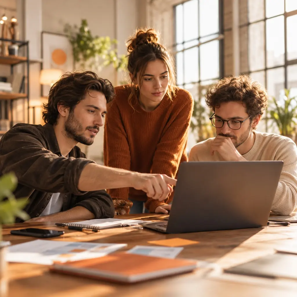 Startup team discussing app growth around a laptop