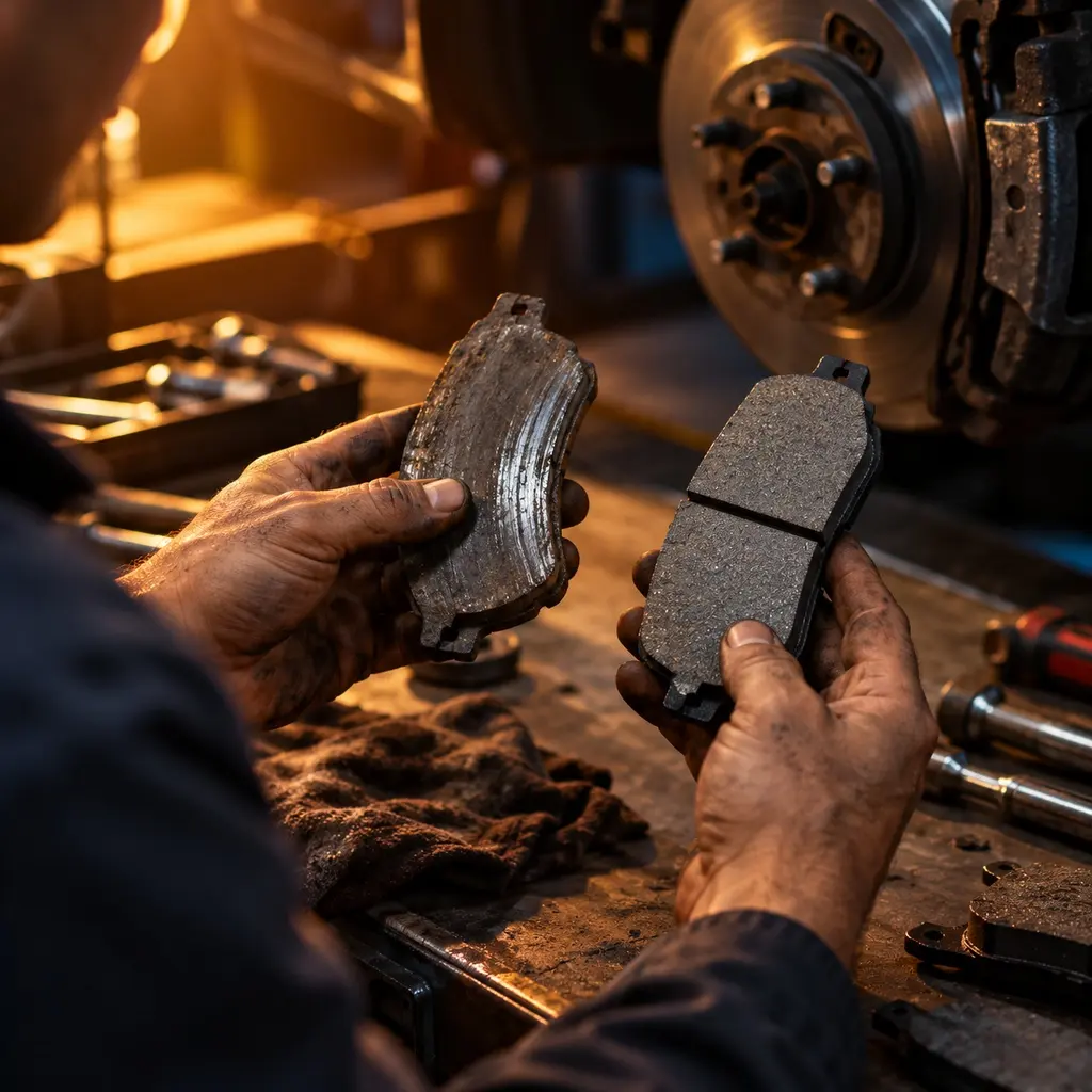 Mechanic comparing two brake pads on a workbench