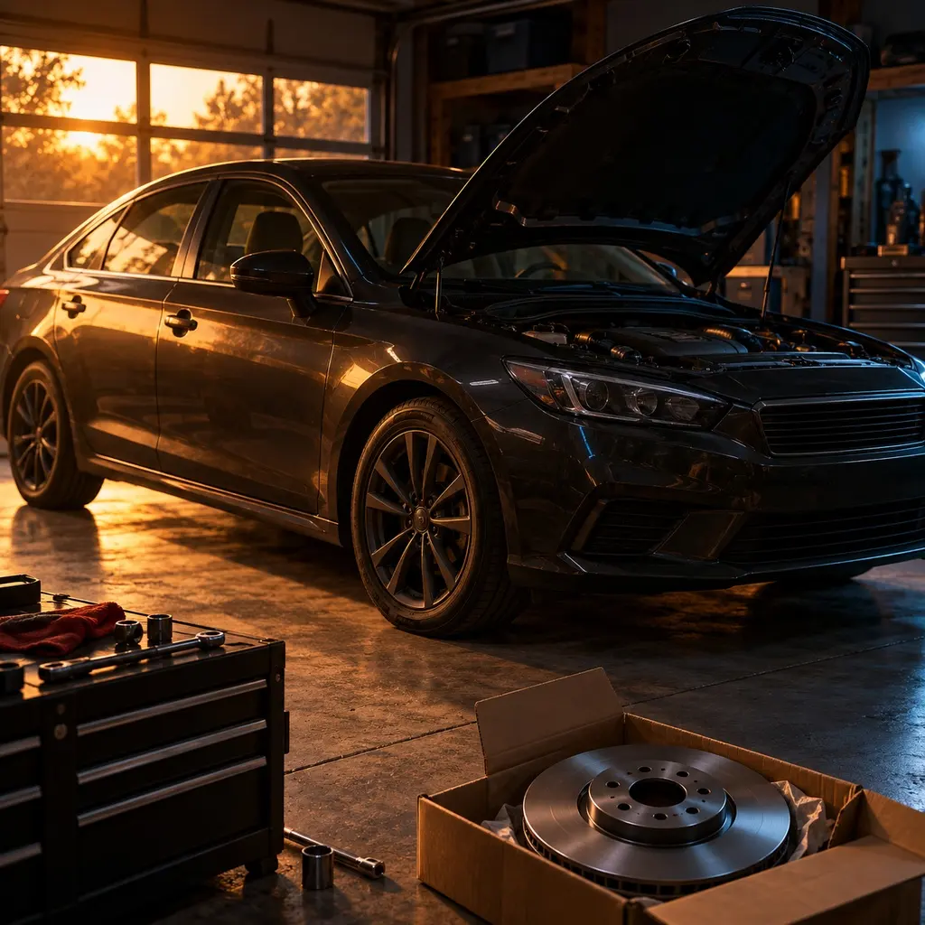Car in a home garage with the hood open and a new brake disc in its box
