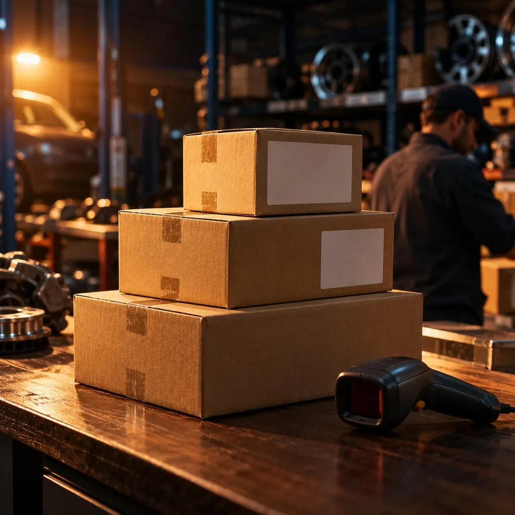 Packed auto parts orders ready to ship next to a barcode scanner