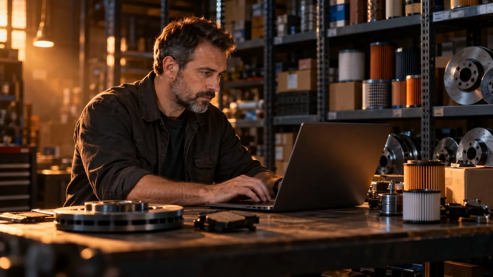 Online auto parts store owner checking the product catalog on a laptop