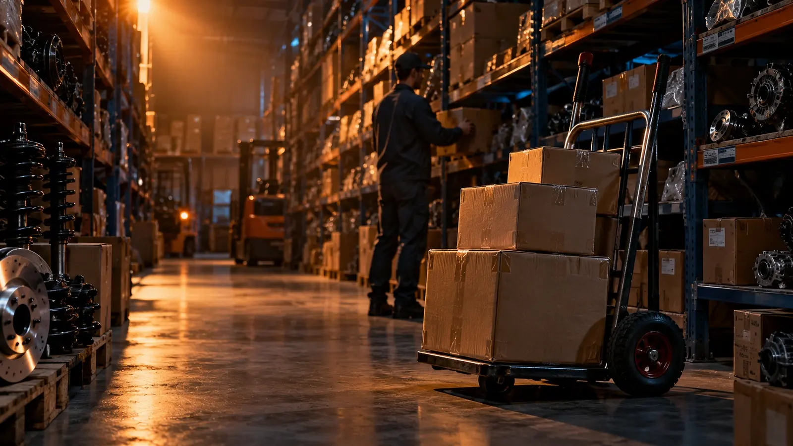 Auto parts warehouse aisle with boxed parts and a hand truck