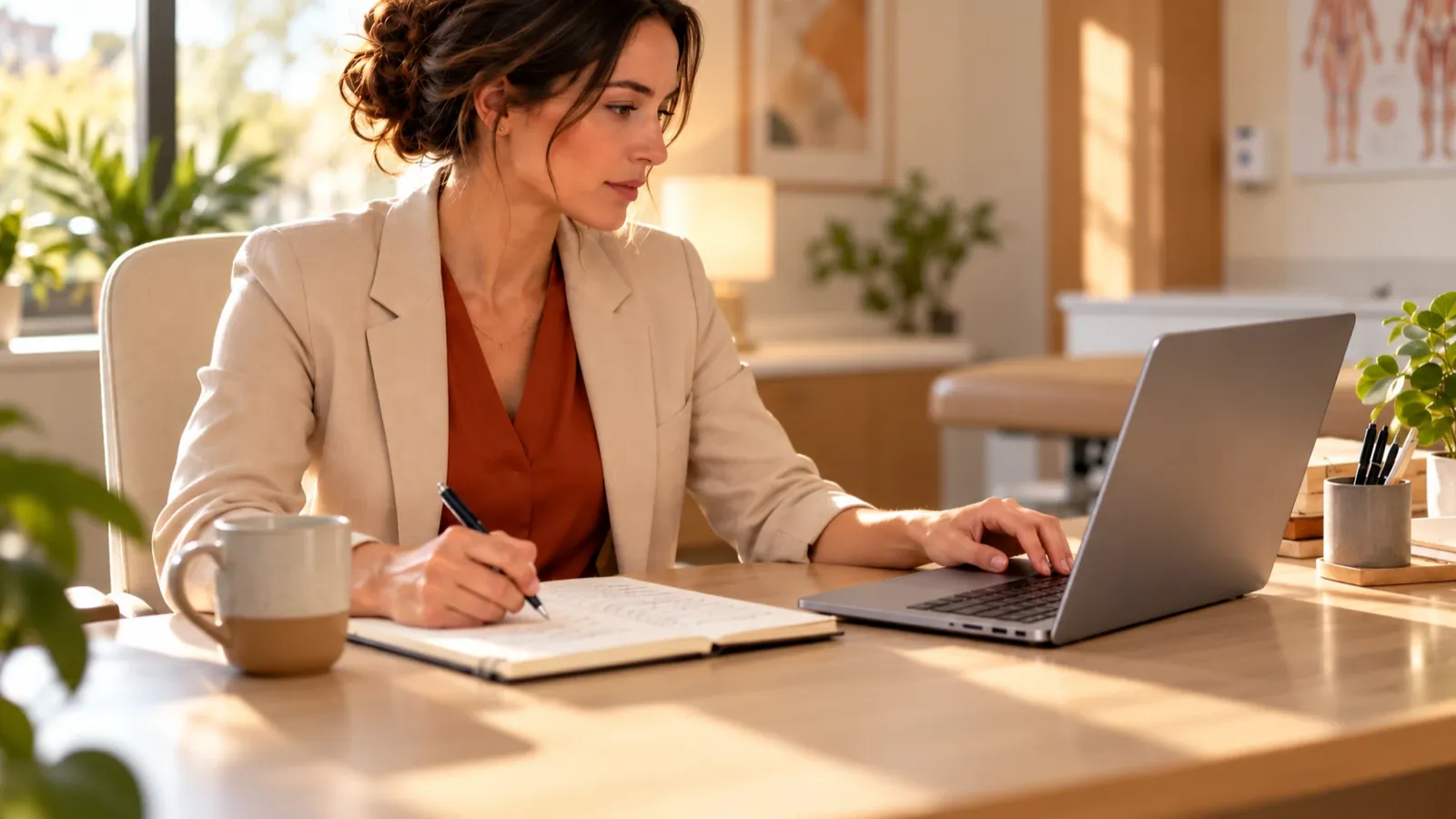Medical marketing analyst reviewing campaign results on a laptop