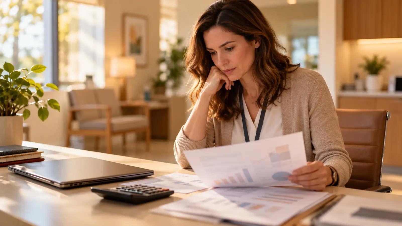 Clinic manager reviewing a monthly marketing budget report at her desk
