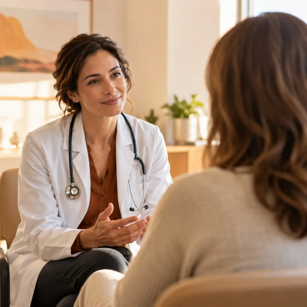 Doctor talking with a patient in a bright consultation room