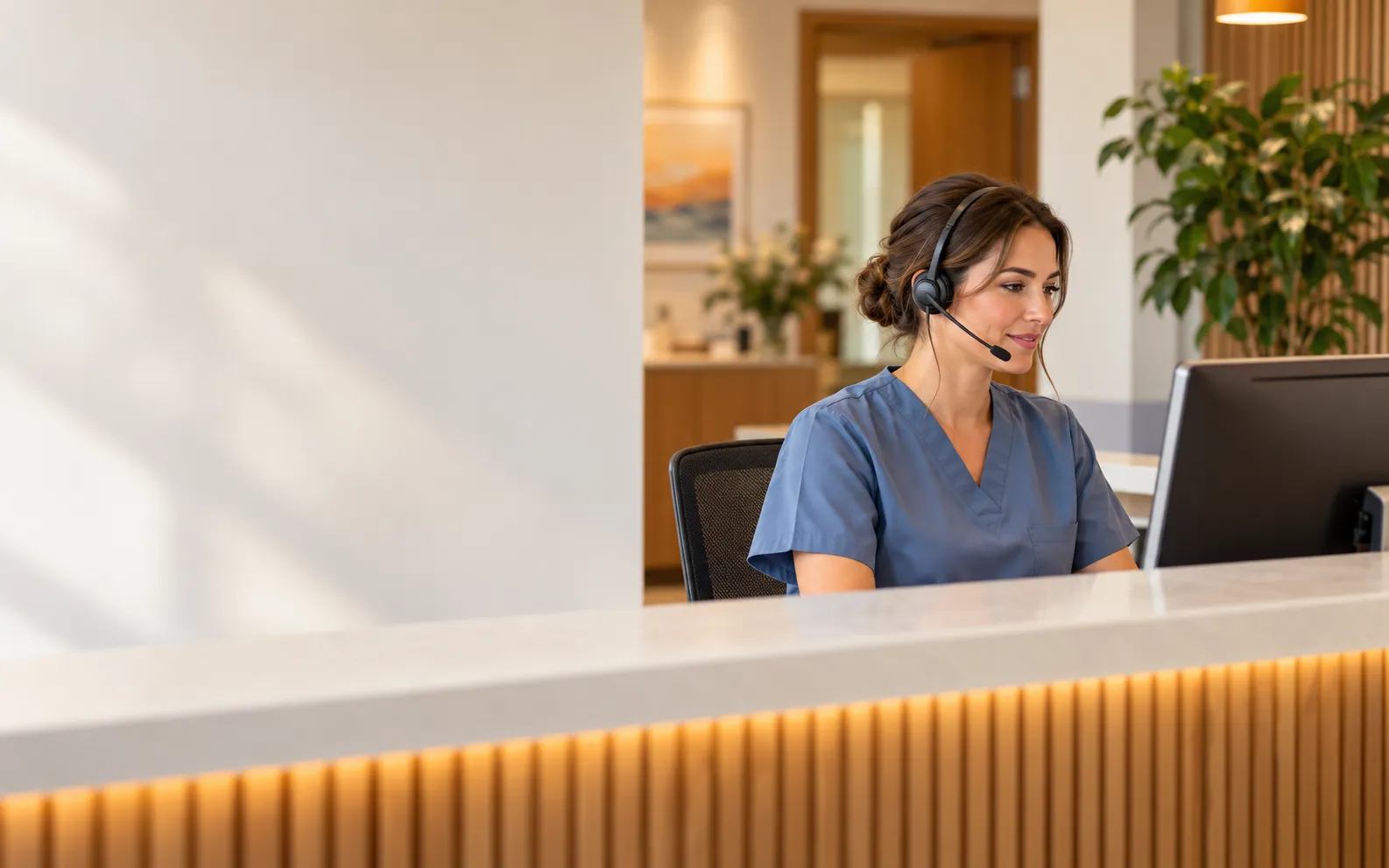 Clinic receptionist with a headset answering a patient call at a modern front desk