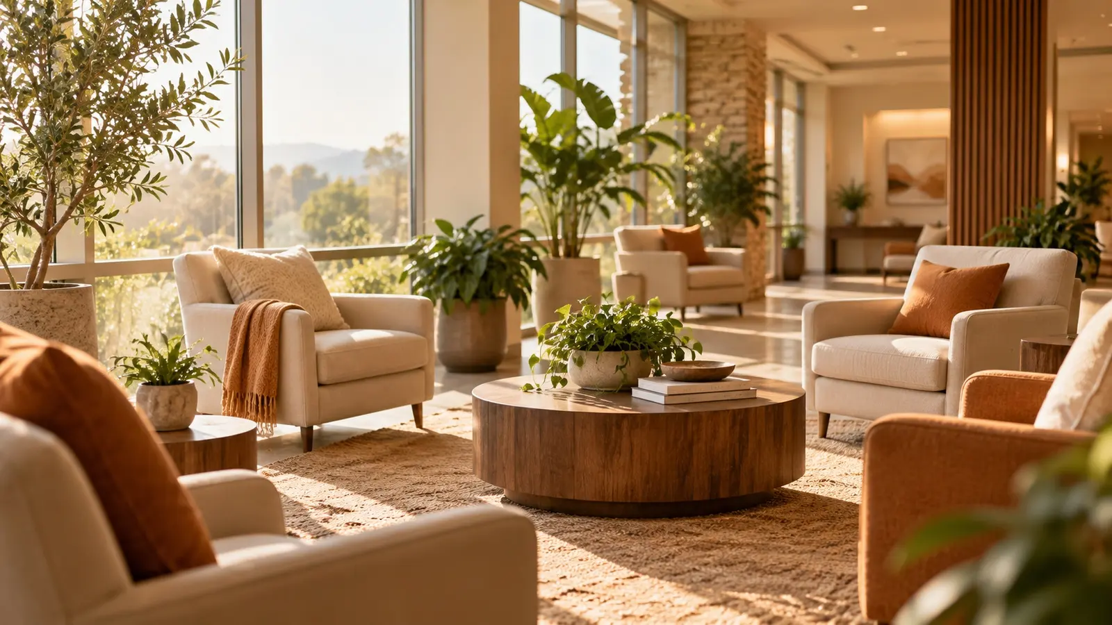 Calm, sunlit lounge of a rehabilitation center