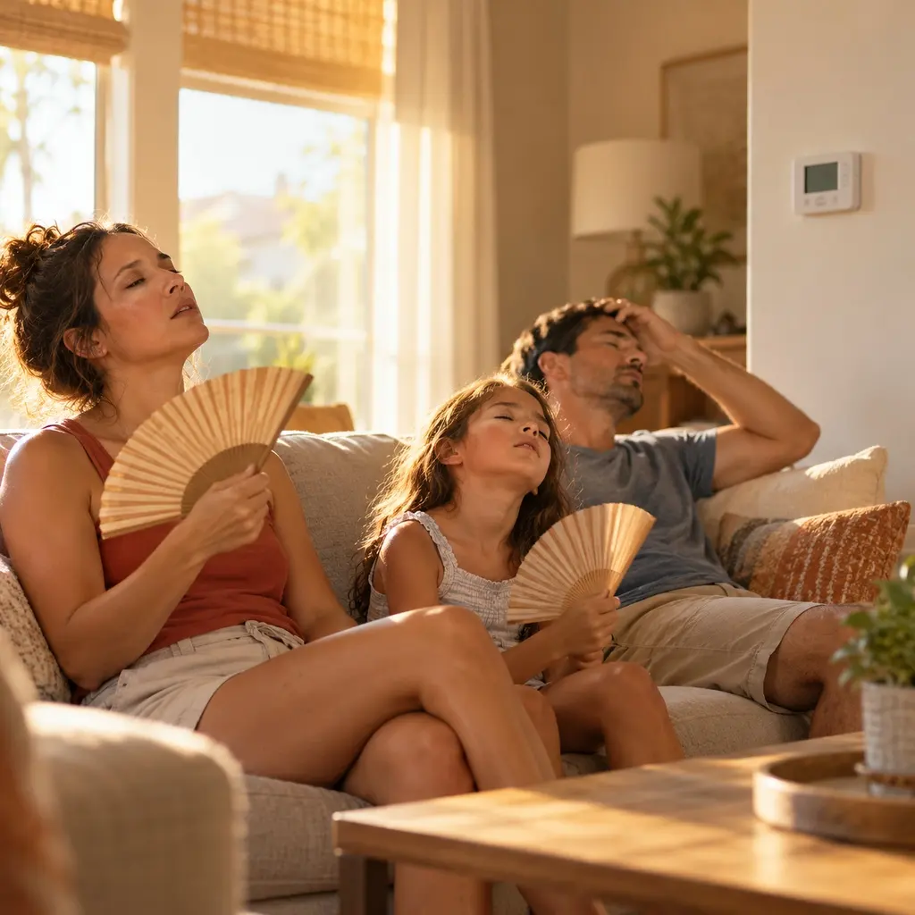 Family cooling off with hand fans in a hot living room