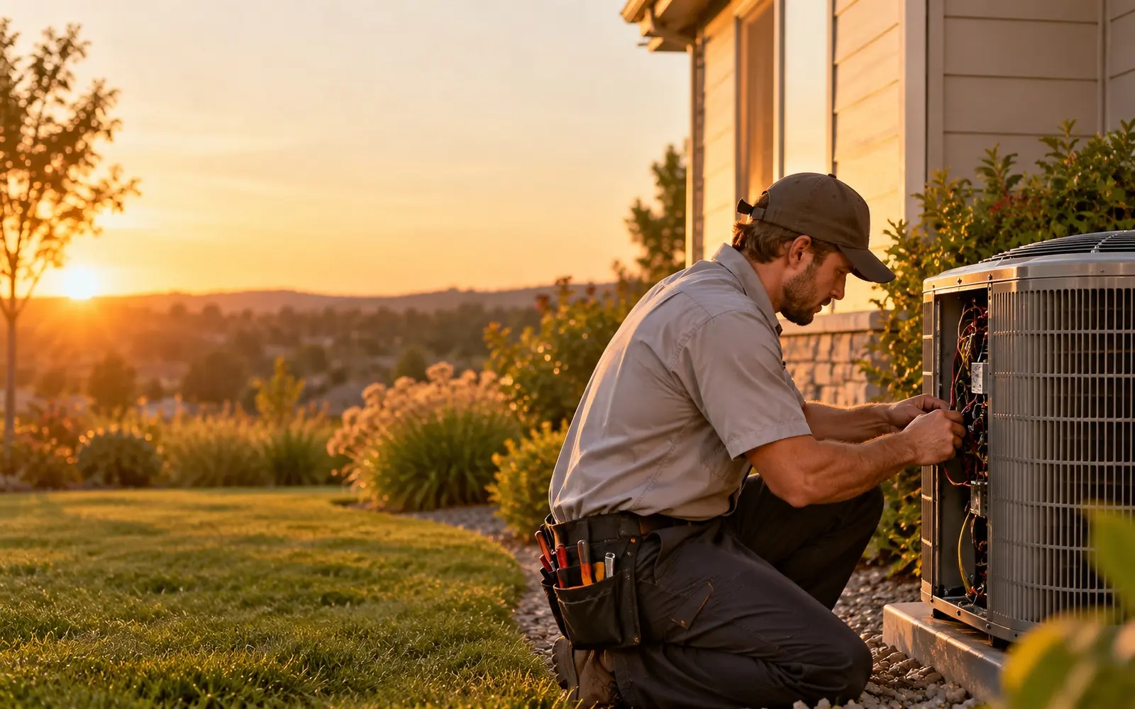 HVAC technician servicing an outdoor air conditioning unit
