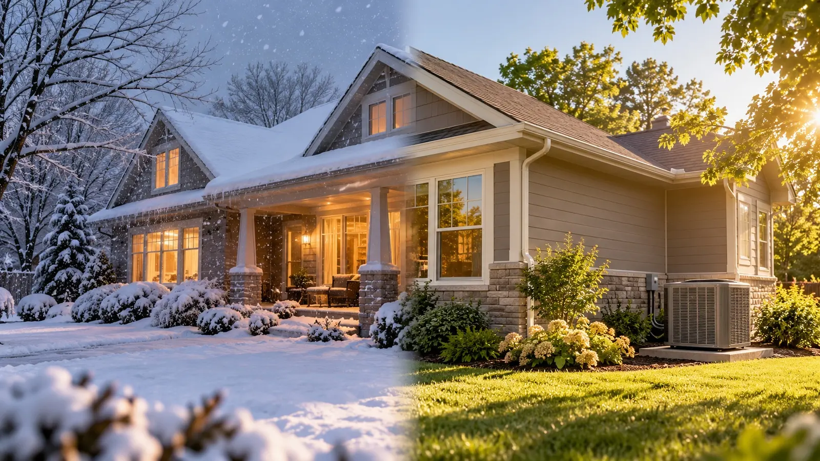 The same house in winter and in summer with an air conditioning unit
