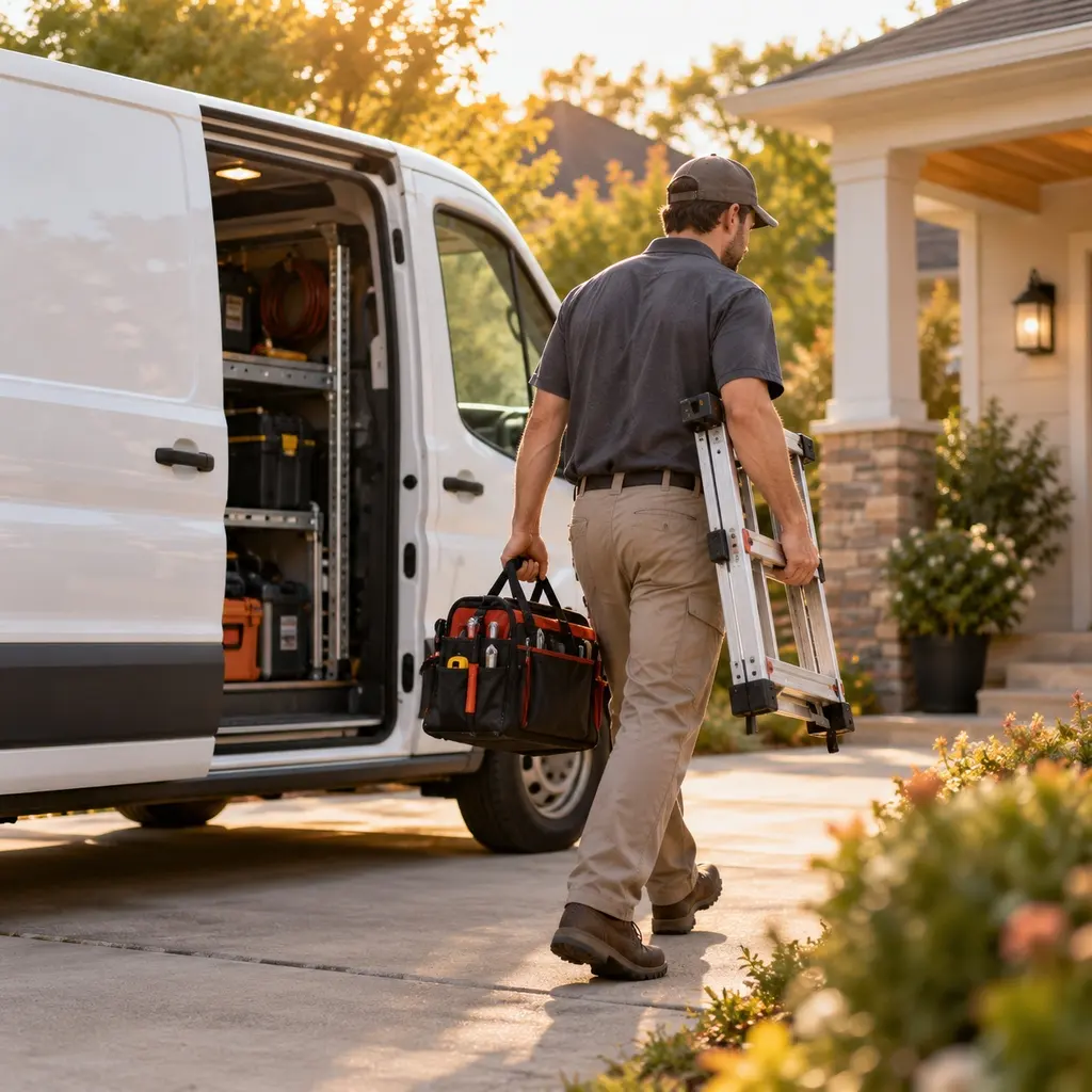 HVAC technician carrying equipment from a service van