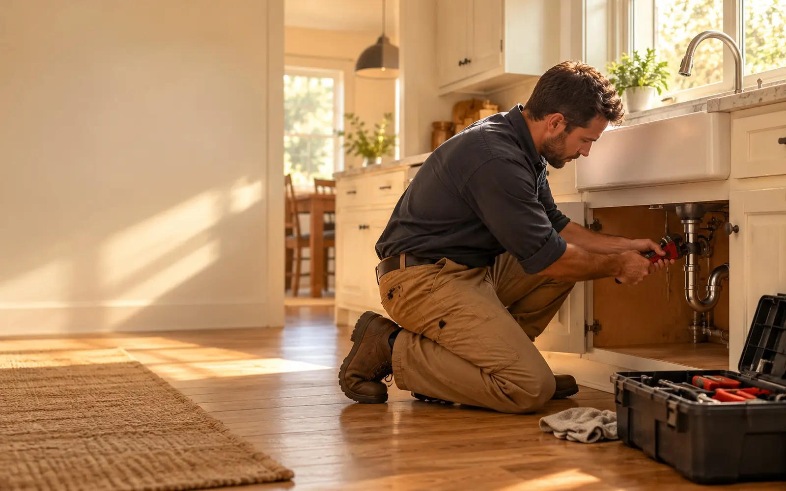 Plumber fixing a pipe under a kitchen sink