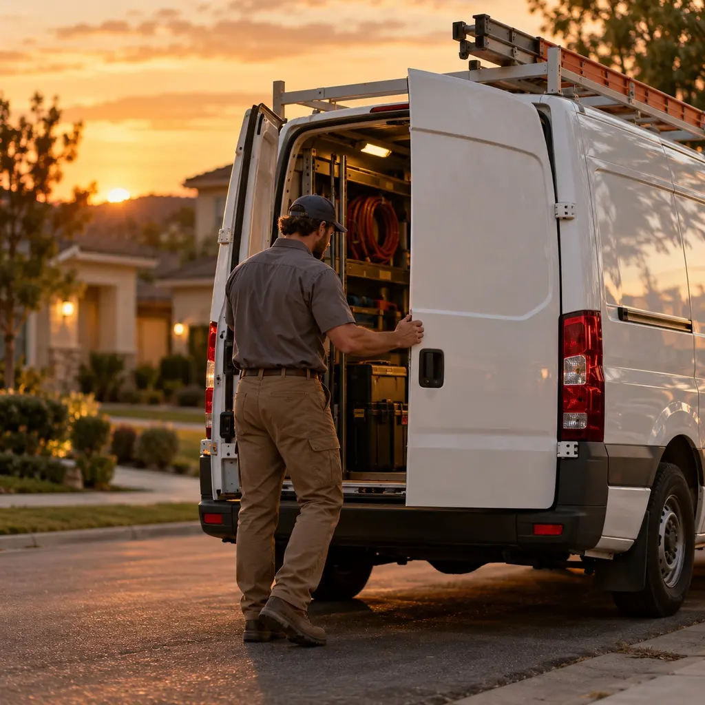Plumber closing the doors of a service van at dusk