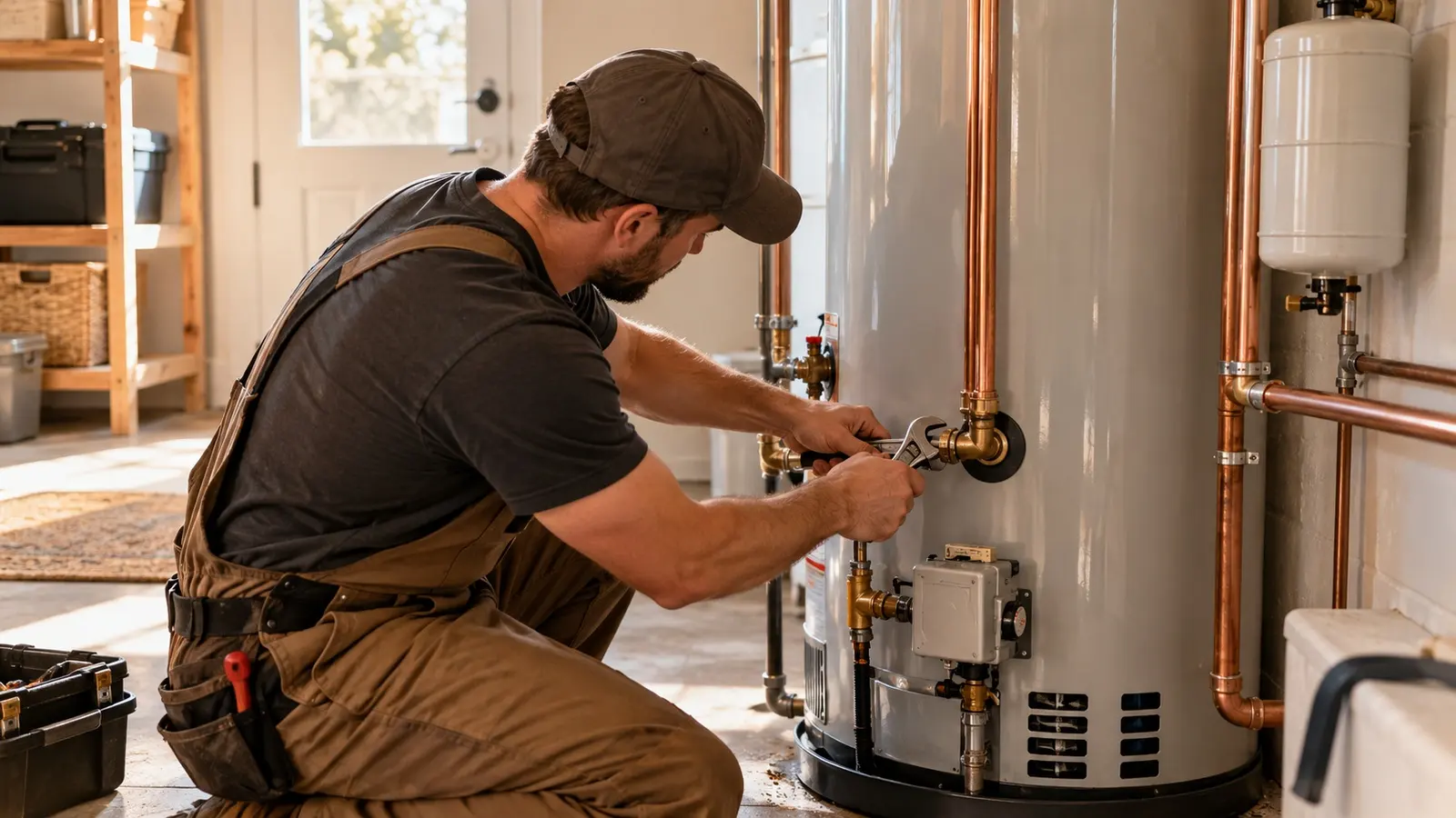 Plumber connecting copper pipes to a new water heater