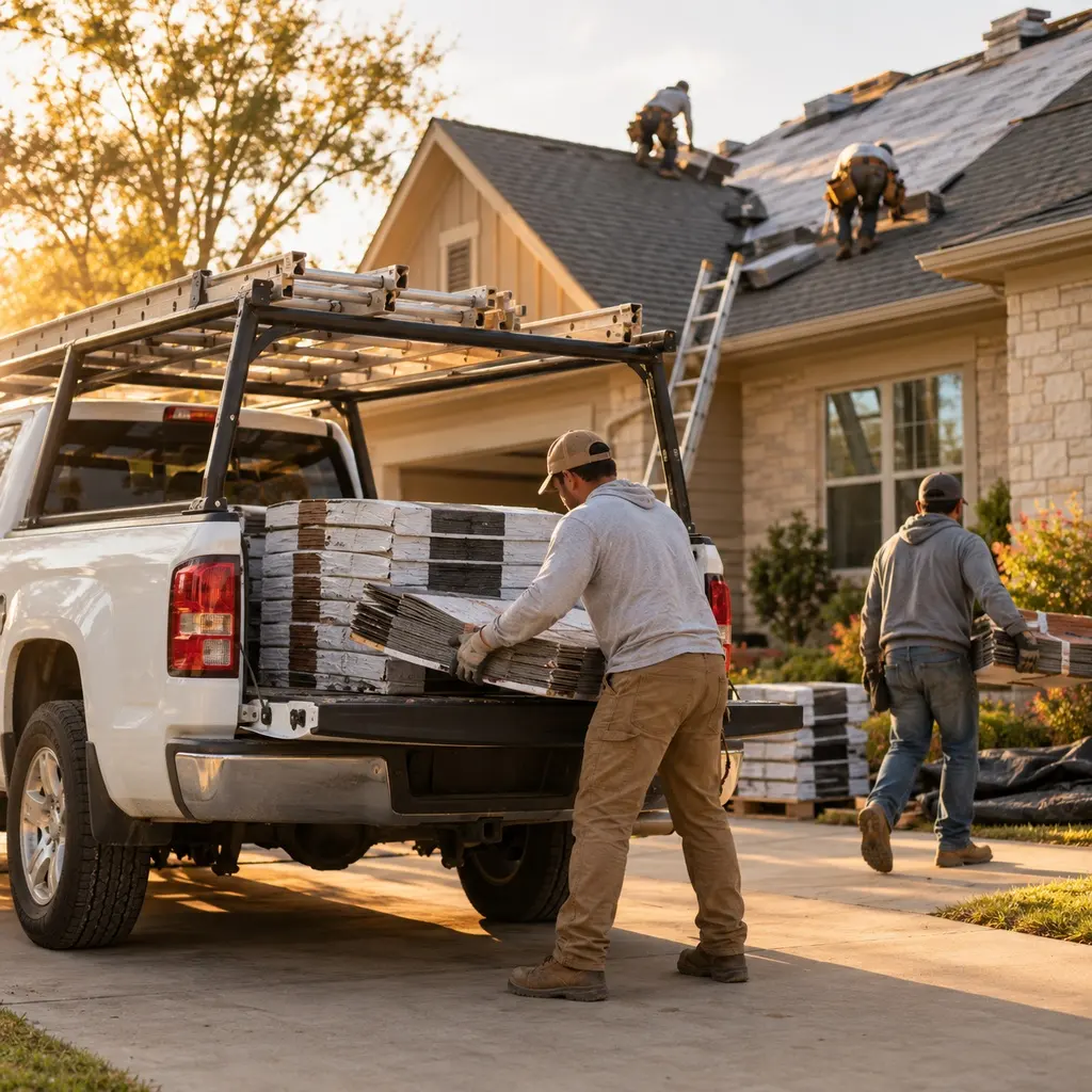 Roofing crew unloading shingles from a pickup truck
