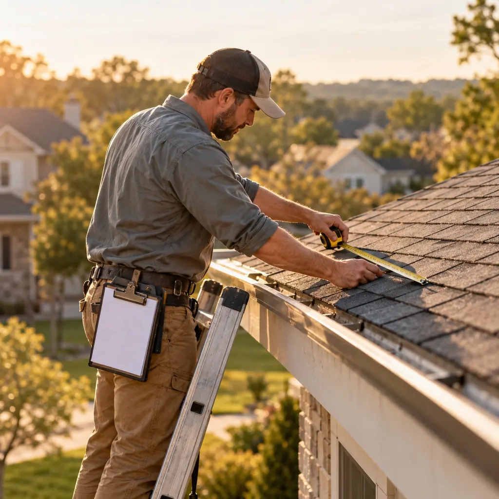 Roofing estimator measuring a roof from a ladder