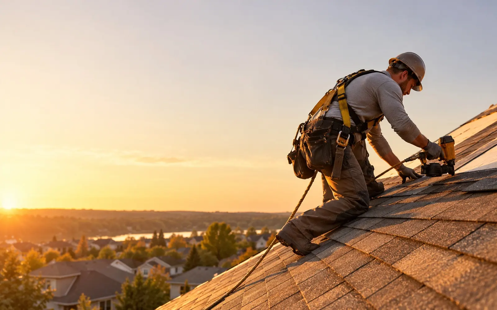Roofer in a safety harness installing shingles at golden hour