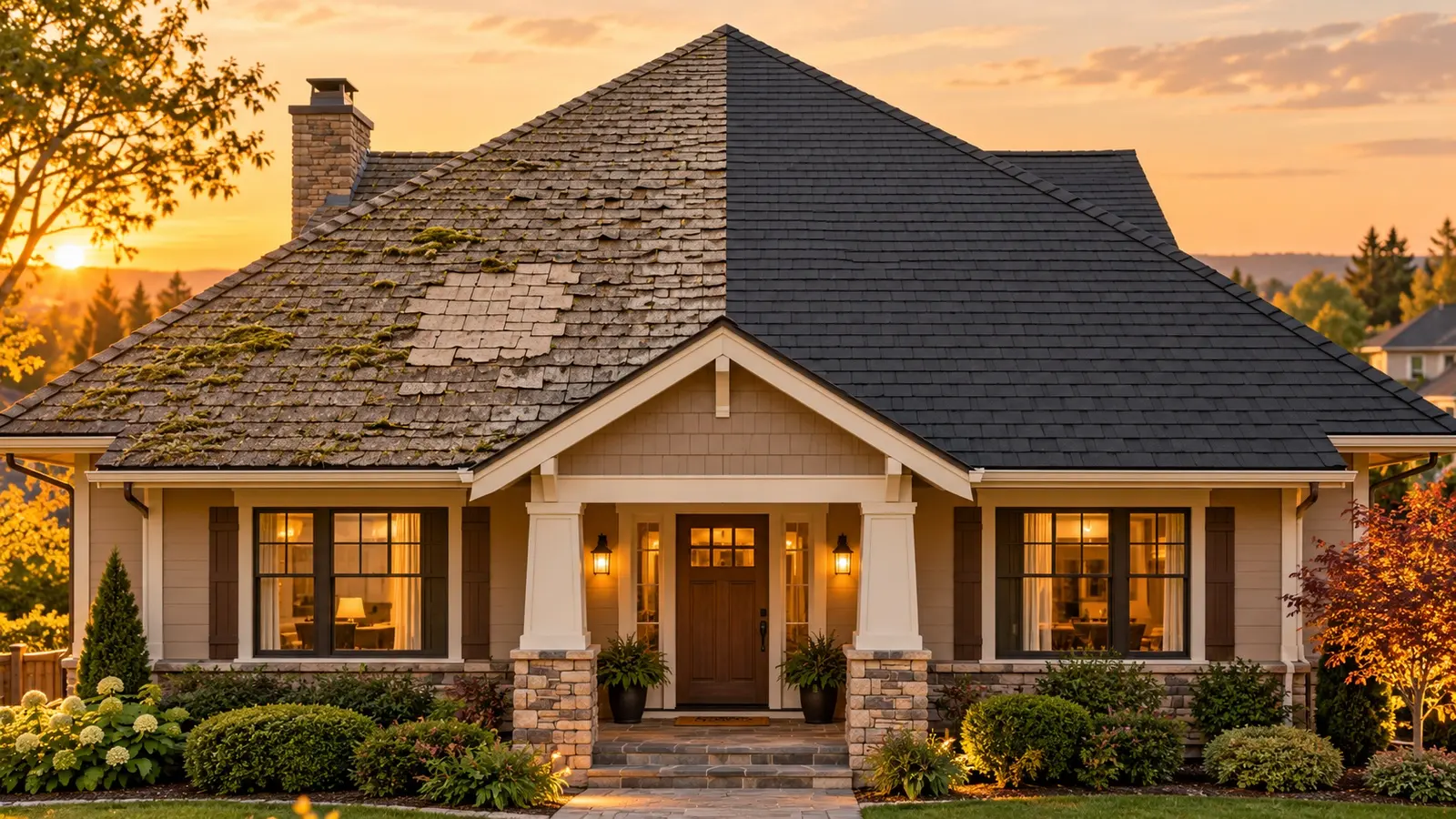 Same roof split in half: old patched shingles on the left, new replacement roof on the right